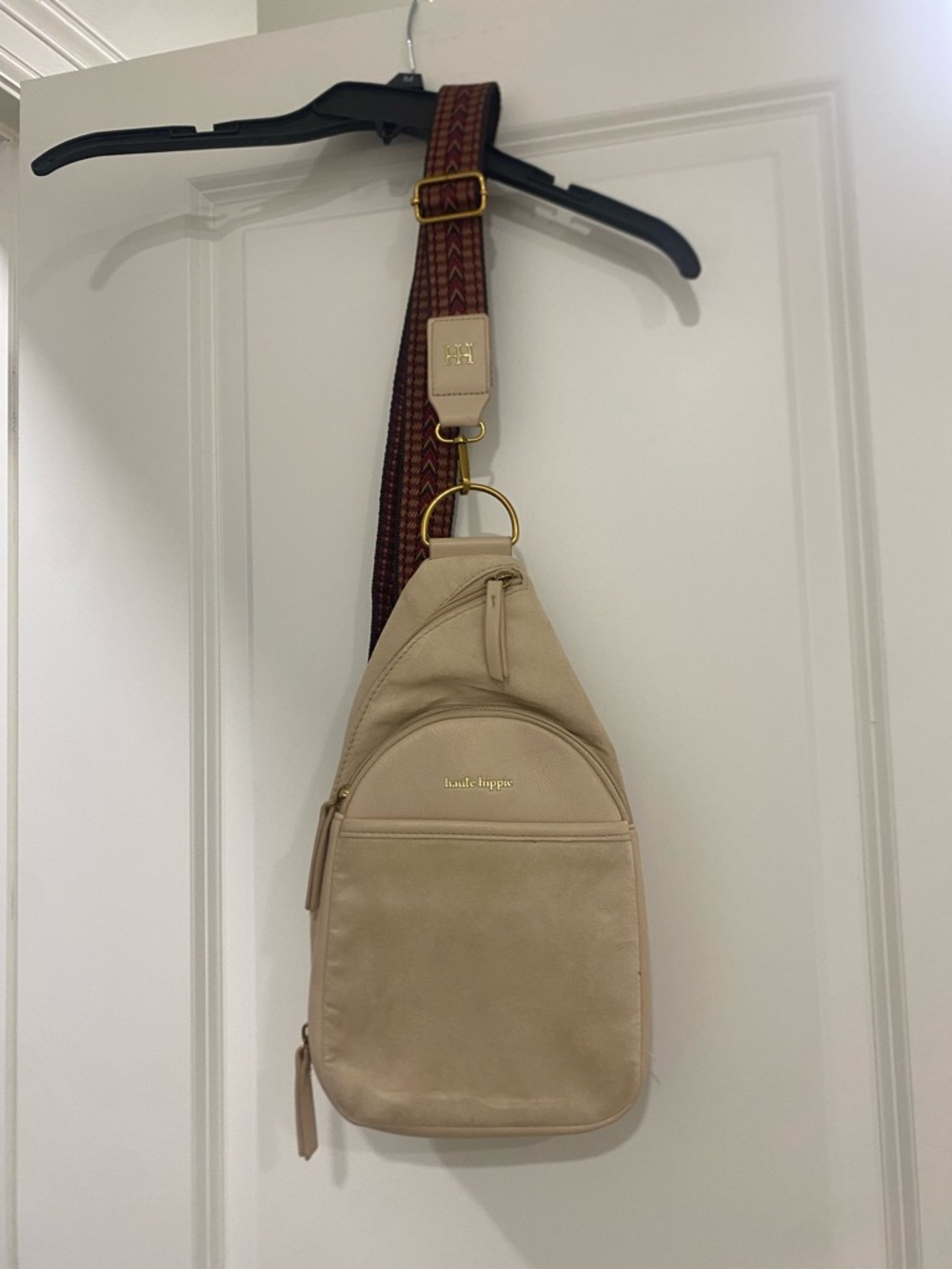 Haute Hippie Beige Leather and Suede Sling Bag with Gold Hardware